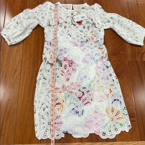 NWT Johnny Was Lisette Lace White Lace Mini Dress with Multicolor Lining size XS - Picture 10 of 12